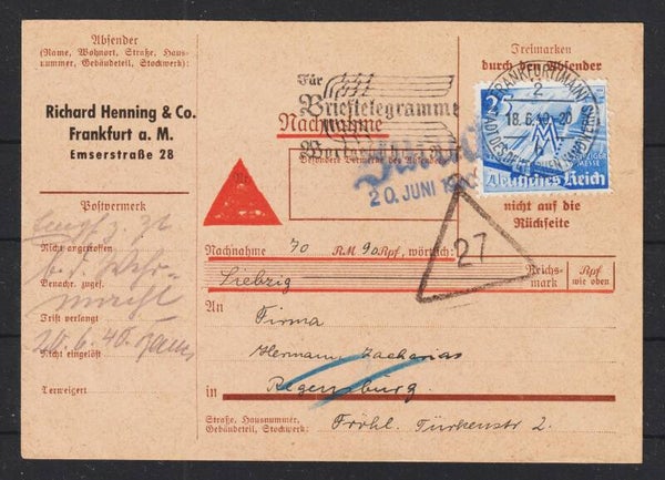MiNr. 742 auf Nachnahme Karte FRANKFURT 18.6.40   (s24068)