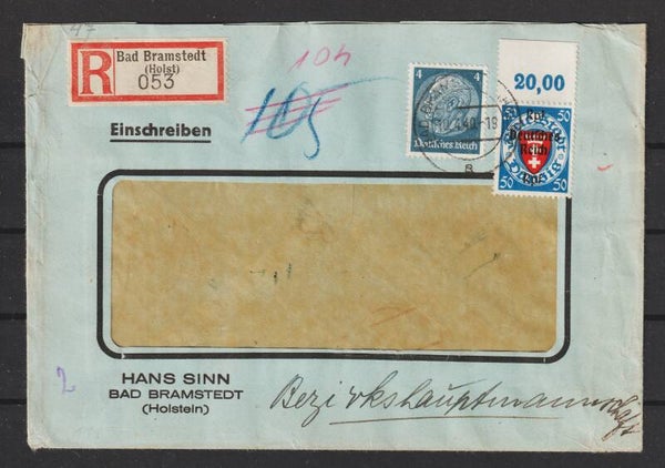 MiNr. 727 Oberrand auf R-Brief, BAD BRAMSTADT  10.4.40  (s24070)