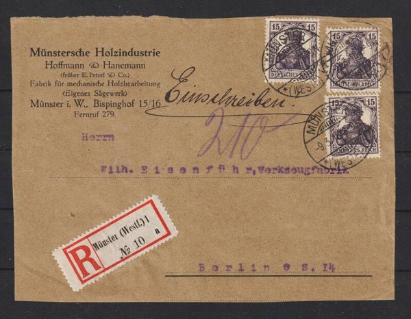 MiNr. 101 (3x) Firmen R-Brief "Münstersche Holzindustrie" MÜNSTER 9.3.18  (s24071)