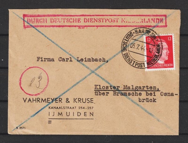 MiNr. 827 auf Brief, DEUTSCHE DIENSTPOST NIEDERLANDE, HAARLEM 5.7.44  (s24071)