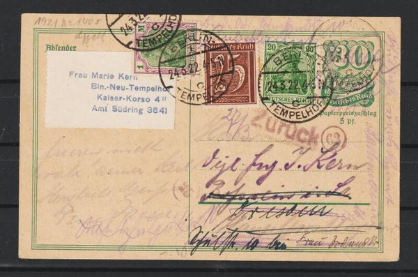 Ganzsache P 140, ZuF MiNr. 143, 150, 161 BERLIN TEMPELHOF 24.3.22  (s24075)