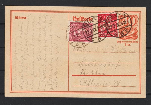 Ganzsache P 141, ZuF MiNr. 166, 158 BERLIN 23.3.22  (s24075)