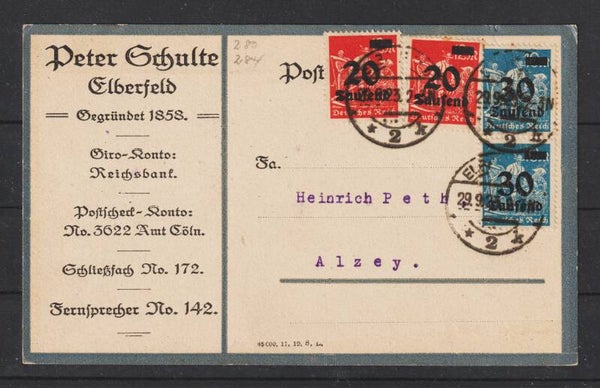 MiNr. 280, 284 auf Firmen Postkarte ELBERFELD 29.9.23  (s24077)