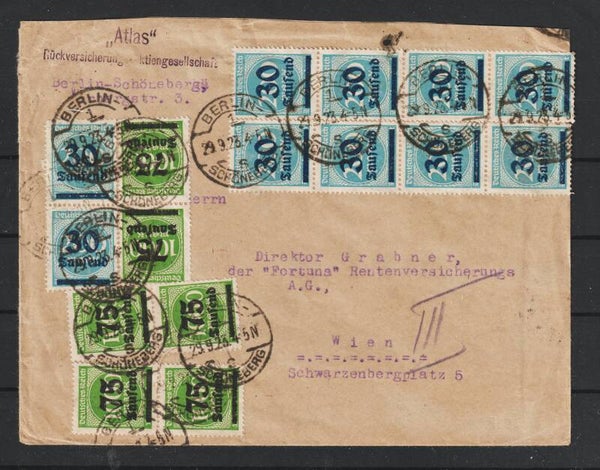 MiNr. 285 (10x), 288 (6x) Auslandsbrief  BERLIN 29.9.23  (s24077)