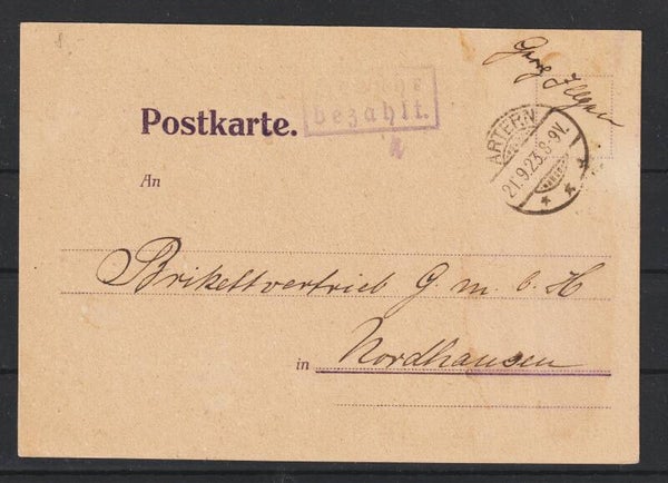 violetter R2 "Gebühr bezahlt"  ARTERN  21.9.23  (s24077)