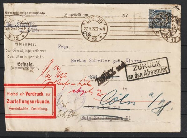 MiNr. D 32 auf Dienstbrief  LEIPZIG 27.5.22, Rückseite   (s24081)