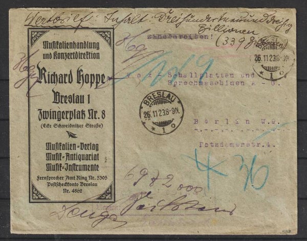Wert R-brief "Musikalienhandlung ..."  BRESLAU 26.11.23   (s24081)