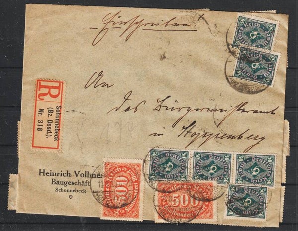 MiNr. 209 (10x), 239 (50x), 251 (2x) auf Brief SCHONNEBECK  13.8.23   (s24085)