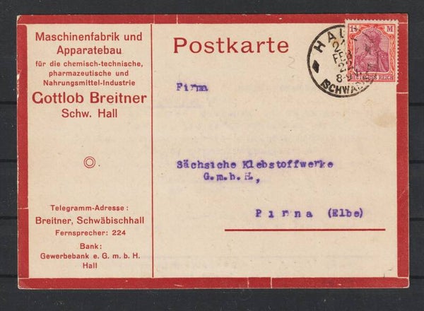 MiNr. 151 Postkarte "Maschinenfabrik u. Apparatebau" SCHWÄBISCH HALL 21.FEB.22   (s24088)