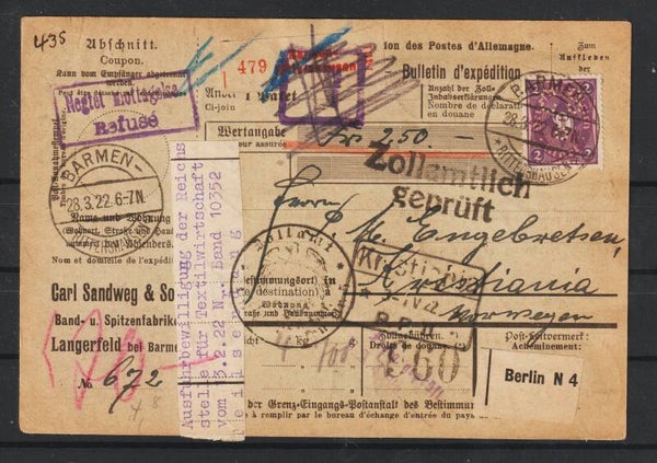 MiNr. 176 (8x), 191, 193 Paketkarte, BARMEN RITTERSHAUSEN 28.3.22  geprüft  (s24088)