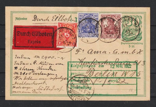 Ganzsache P 140 + Zuf., EILBOTEN,  STUTTGART  11.MAI.22    (s24088)