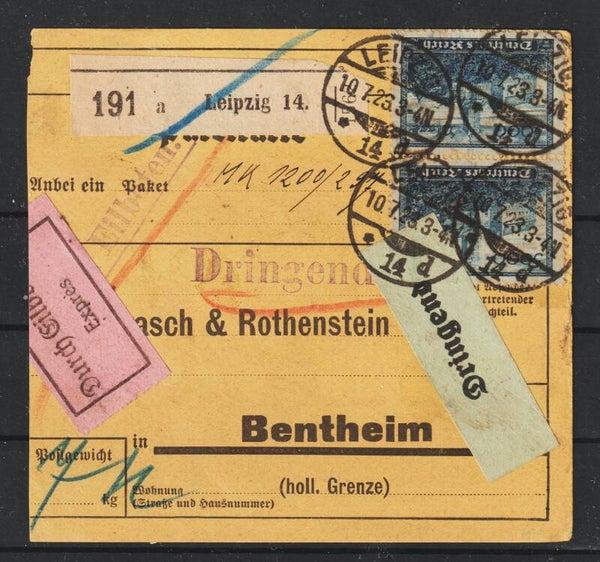 MiNr. 249, 261 (2x) portoger. Express Paketkarte LEIPZIG 10.7.23 (s24089)