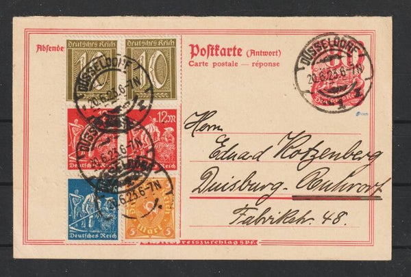Ganzsache P 142 mit ZuF, portogerecht,  DÜSSELDORF 20.6.23, geprüft  (s24089)