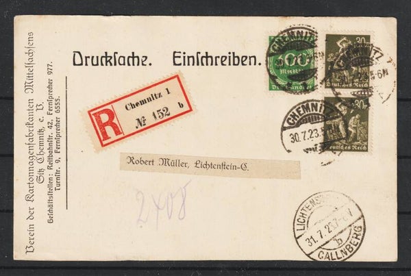 MiNr. 243 (2x) 270 R-Postkarte  CHEMNITZ 31.7.23, geprüft  (s24089)