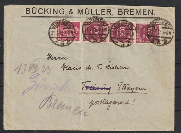 MiNr. 241 (3x) 268 Brief mit Lagergebühr BREMEN 21.7.23 (s24090)