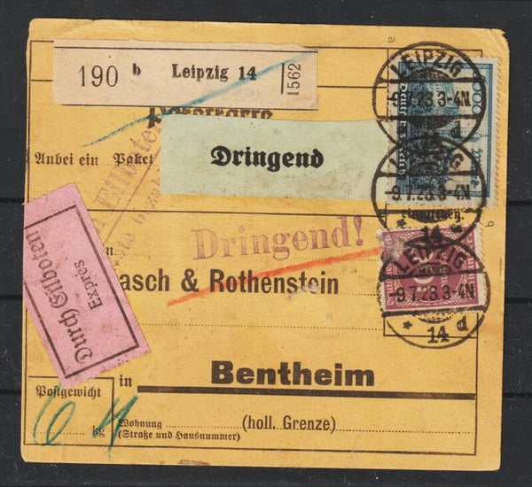 MiNr. 253 (2x) 261, 268 portoger. Express Paketkarte LEIPZIG 9.7.23, geprüft (s24090)