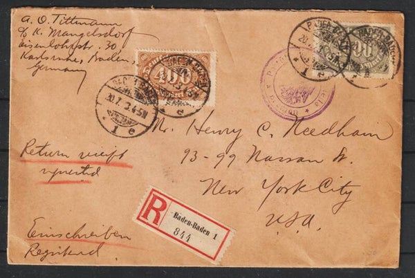 MiNr. 250, 252, 268 (3x) R-Brief gegen Rückschein, BADEN-BADEN 20.7.23  (s24090)