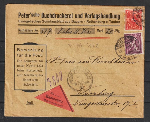 MiNr. 172, 164 "Peter'sche Buchdruckerei u. Verlagshandlung"  ROTHENBURG 25.3.22    (s24092)
