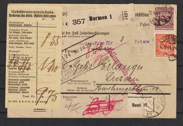 MiNr. 343, 342, 341, 356 auf Paketkarte BARMEN 12.6.24   (s24096)