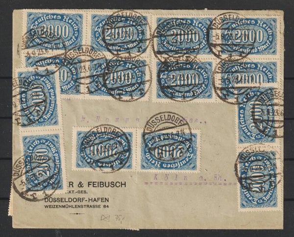 MiNr. 253 (22x), 254 (10x), 273 auf Brief DÜSSELDORF 5.9.23  (s24097)