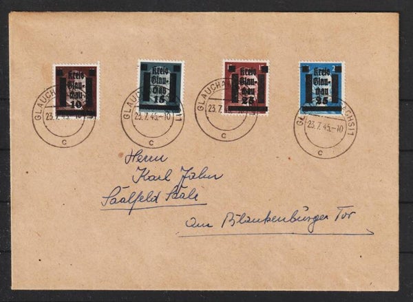 Lokalausgabe Glauchau MiNr. 2, 4, 8, 10 auf Brief GLAUCHAU 23.7.45  (s24111)