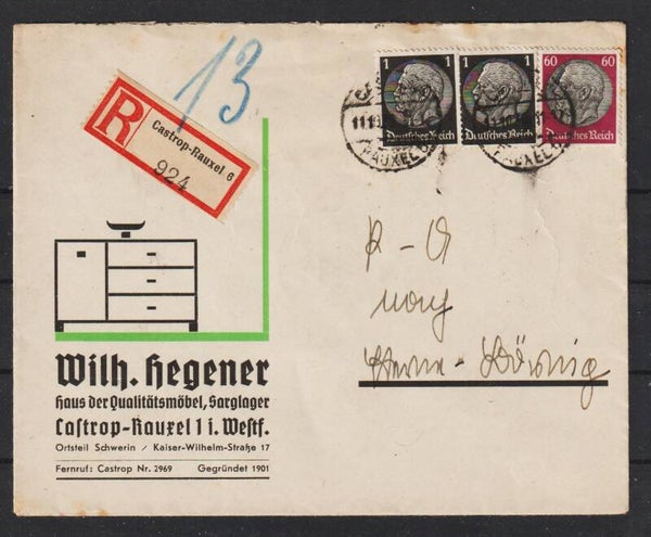 R-Brief  "Wilh.Hegener Haus der Qualitätsmöbel, .." CASSEL  11.10.40   (s24120)