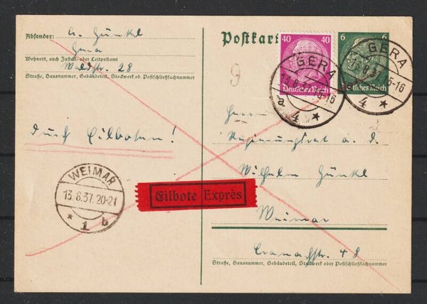 Eil- Express Postkarte GERA  13.8.37  (s24114)