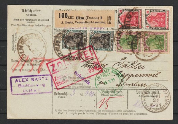 MiNr. 104, 150, 153 auf Paketkarte ULM 25.MAI.21  (s24115)