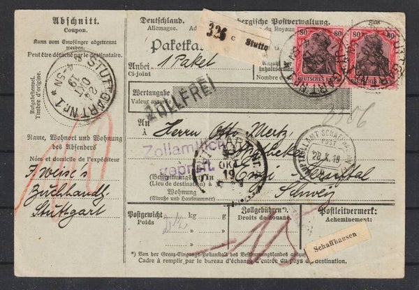 MiNr. 93 II (2x) auf Paketkarte STUTTGART 24.OKT.19  (s24115)