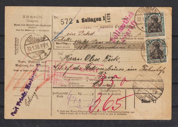 MiNr. 104 auf Paketkarte SOLINGEN 22.1.20  (s24115)