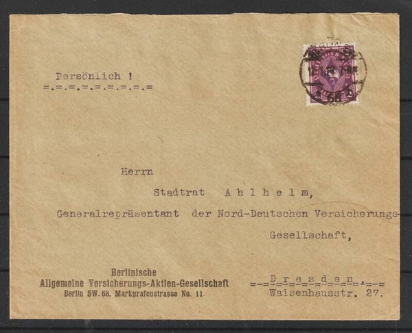 MiNr. 191 EF auf Brief “Berlinischen Allgemeinen Versicherungs-Aktien-Gesellschaft” BERLIN 12.1.22    (s24116)