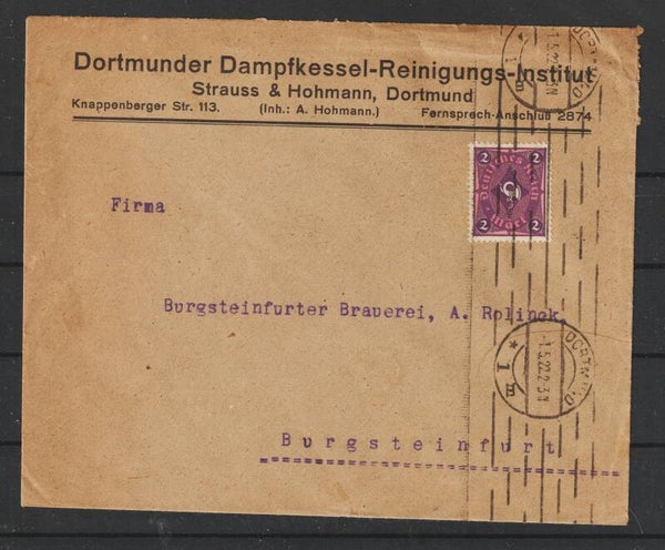 MiNr. 191 EF auf Brief “Dortmunder Dampfkessel Reinigungs Institut” DORTMUND 1.5.22   (s24116)