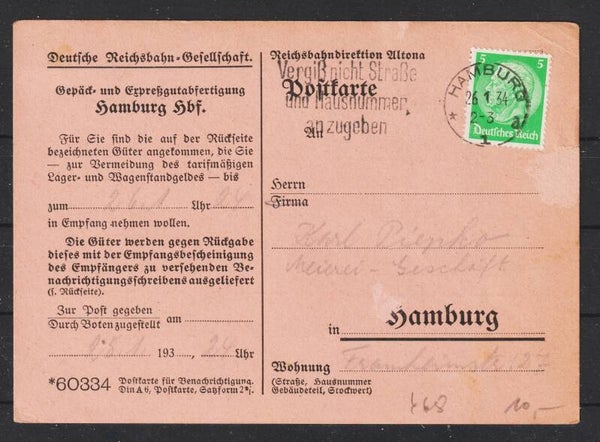 Gepäckkarte   HAMBURG 26.1.34  (s24118)