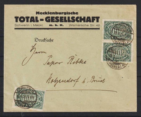 MiNr. 256 (3x) Drucksache "Total-Gesellschaft" SCHWERIN 19.9.23, Letzttag PP 17 (s24119)