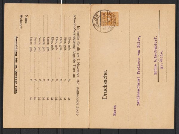 MiNr. 275 auf Doppelkarte, Drucksache UELZEN 29.9.23  (0720)