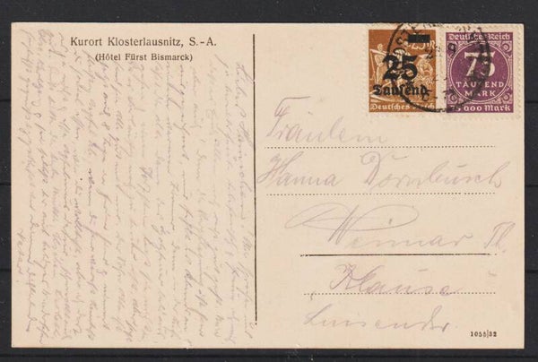 MiNr. 283. 276 auf Ansichtskarte Kurort KLOSTERLAUSITZ 23.9.23  (s24121)