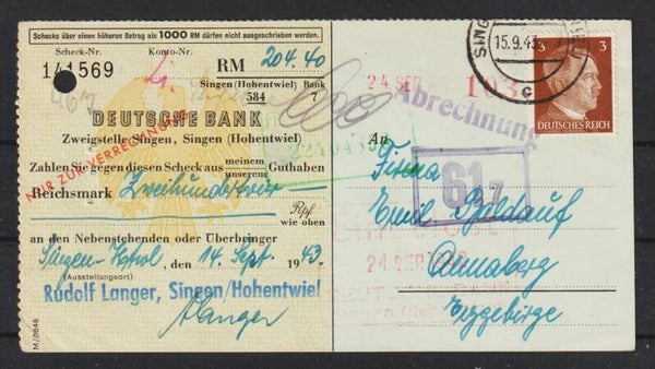 MiNr. 782 EF auf Verrechnungsscheck SINGEN HOHENTWEIL 15.9.43 (s24122)