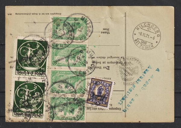 MiNr. 113 (4x), 132, 137 (2x) auf Paketkarte MÜNCHEN 31.MAI.21  (s24125)