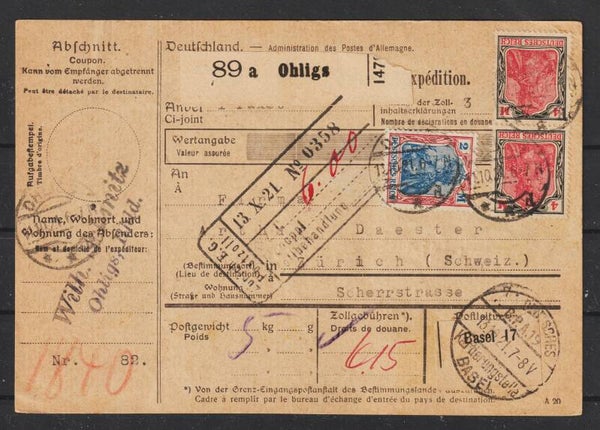 MiNr. 153 (4x), 152, 145 auf Paketkarte OHLIGS 11.10.21  (s24125)