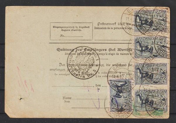 MiNr. 176 (5x), 163 (2x), 153 (2x), 137 auf Paketkarte BARMEN RITTERSHAUSEN 11.4.22  (s24126)