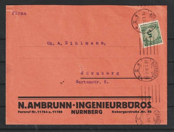 MiNr. 339 auf Brief "N.Ambrunn-Ingenieursbüros" NÜRNBERG 19.1.24  (s24127)