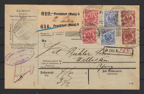 MiNr. 47, 48, 50 auf Paketkarte FRANKFURT 15.6.99  (s24127)