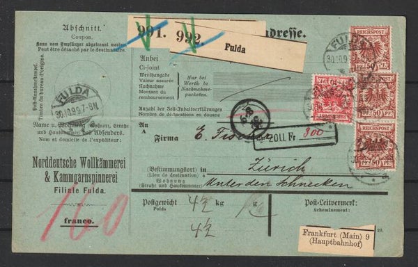 MiNr. 47, 50 (3x) auf Paketkarte FULDA  30.10.99  (s24127)