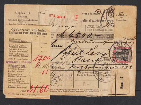 MiNr. 90, 86, 104 (2x) auf Paketkarte CÖLN 28.1.20  (s24128)