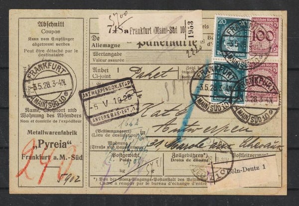 MiNr. 343 (2x) 392 (2x) auf Paketkarte FRANKFURT 3.5.28  (s24129)
