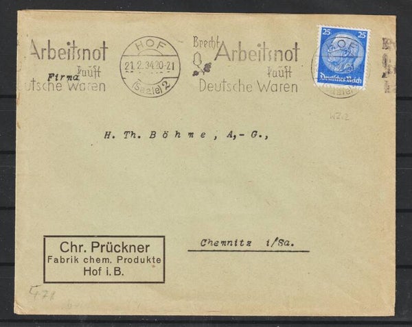 MiNr. 471 EF auf Brief HOF 21.2.34  (s24130)