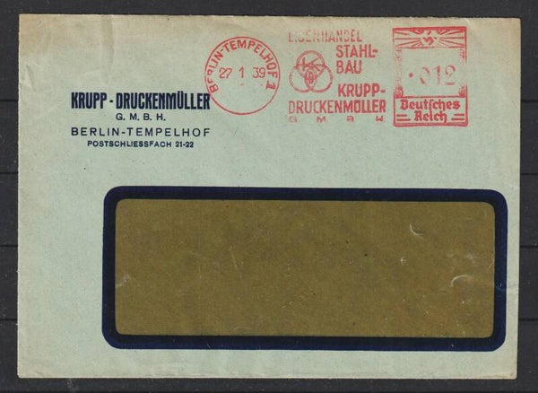 12 Pfennig Freistempel Brief "Eisenhandel Stahlbau ..." BERLIN TEMPELHOF 27.1.39  (s24130)