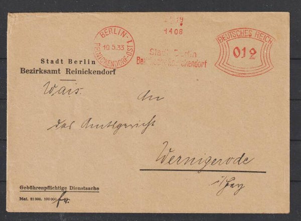 12 Pfennig Freistempel Brief "Stadt Berlin" BERLIN REINICKENDORF OST 10.5.33  (s24130)