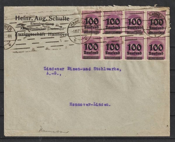 MiNr. 289  (8er-Block) auf Brief  HANNOVER 1.10.23, Ersttag PP 19, geprüft  (s24131)