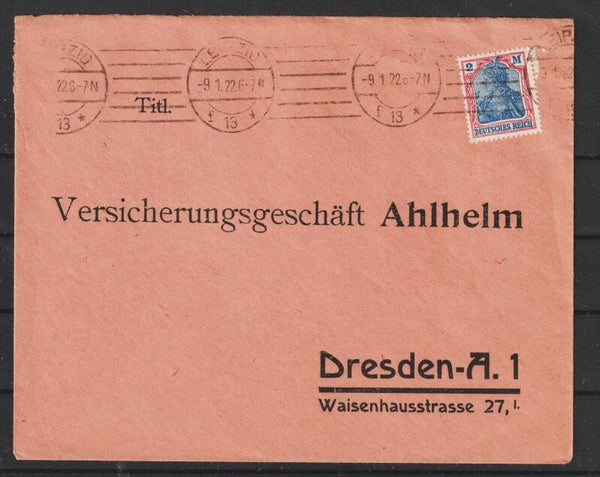 MiNr. 152 Einzelfrankatur auf Brief LEIPZIG  9.1.22  (s24132)